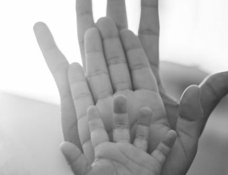 Black and white image of family hands symbolizing unity and generational ties.